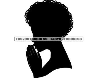 Black Afro Woman Face Praying Prayers Hands Silhouette Religion Meditation Prayer Worship Belief Peace SVG PNG JPG Vector Design Cut Files