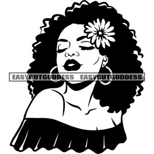 Mooie Melanine Vrouw Gesloten Ogen Bloem Haar Afro Krullend Kapsel Zwart Blouse Hoepel Oorbellen SVG PNG JPG Vector Ontwerpen Snijden Bestanden