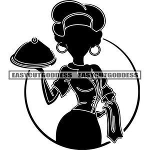 May include: Black and white silhouette of a woman wearing a chef's hat and holding a serving tray. The woman is standing in front of a circle with the text "EASYCUTGODDESS" on either side.