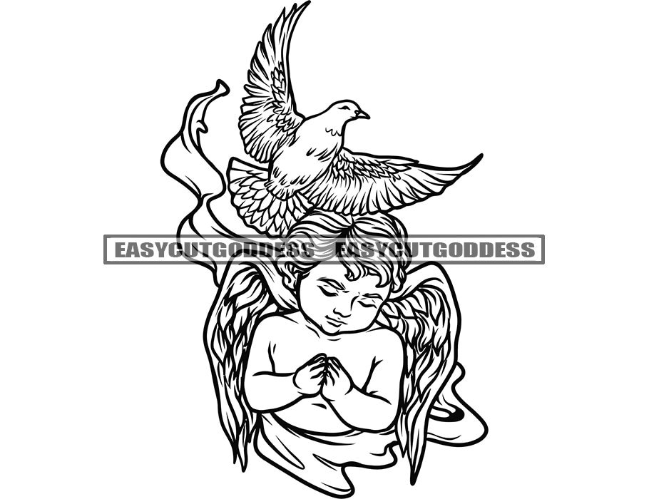 Baby Boy Angel Fairy Praying God Prayers Hands Wings Fantasy Dove Flying Peace Love Ribbon Toddler Holy SVG PNG JPG Vector Design Cut Files
