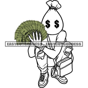 Money Bag Head Man Character Holding Money Stacks Squatting Brag Hustle Dinero Cash Bank Grind Husting SVG PNG JPG Vector Designs Cut Files