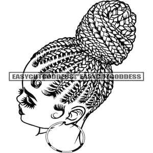 Melanin Woman Portrait Braided Ponytail Hairstyle Braids Closed Up Beauty Salon Logo Hoop Earrings SVG PNG JPG Vector Designs Cutting Files