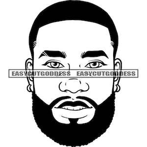 May include: Black and white line art illustration of a man's face with a beard. The man has a short haircut and a serious expression.