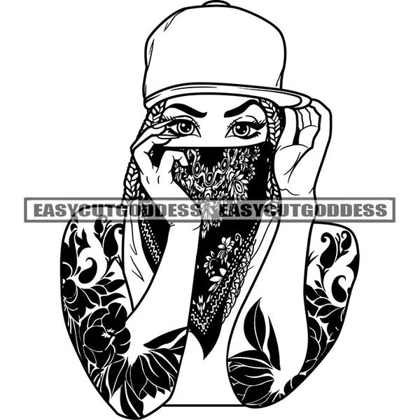 Gangster Woman Covering Face Bandana Baseball Hat Arm Sleeve Tattoo Dope Street Ghetto Girl Boss Lady SVG PNG JPG Vector Designs Cut Files