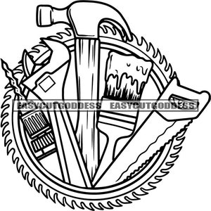 Construcción Motosierra Herramientas Equipo Martillo Contratista Carpintero Destornillador Pincel Llave Sierra SVG PNG JPG Diseño vectorial Archivos de corte