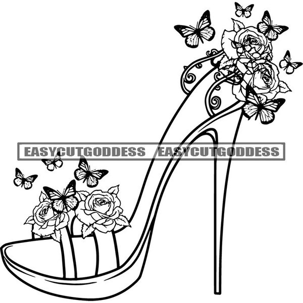 Woman High Heels Butterfly Roses Glamour Fashion Exotic Pumps Stilettos Shoe Footwear SVG PNG JPG Vector Designs Sublimation Cutting Files