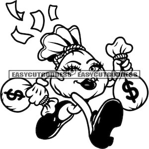 Bolsa de dinero femenina Personaje de dibujos animados Corriendo Sosteniendo Bolsas de dinero Tacones altos Hustler Grind Boss Lady Bank SVG PNG JPG Vector Designs Cut Files
