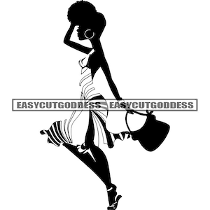 May include: Silhouette of a woman with an afro hairstyle wearing a striped dress and carrying a handbag. The woman is walking with her arm raised and her head tilted to the side. The image is in black and white.