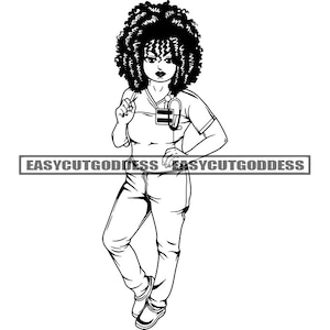 Woman Nurse Afro Hair Hospital Care Clinic Female Medicine Professional Stethoscope Uniform Healthcare SVG PNG JPG Vector Designs Cut Files
