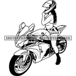 Biker Woman Riding Motorcycle Wearing Helmet Sport Bike Two Wheels Speed Gear Curly Hair SVG PNG JPG Vector Designs Sublimation Cut Files