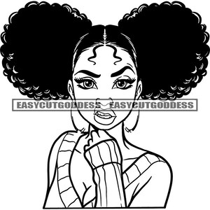 Melanin Frau Mean Face Afro Puff Ponytails Haarreif Ohrringe African American Black Girl Magic SVG PNG JPG Vektor Designs Cutting Files