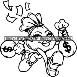 Hustler Female Money Bag Cartoon Character Running Holding Money Bags High Heels Grind Boss Lady Bank SVG PNG JPG Vector Designs Cut Files