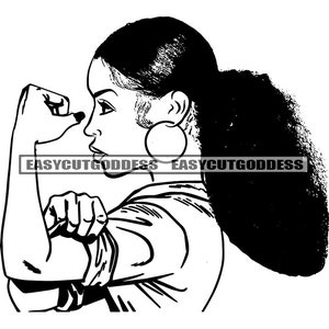 Melanin Woman Messy Curly Bun Hair Flexing Yes We Can Strong Female Retro Young Lady Mixed Ethnicity SVG PNG JPG Vector Designs Cut Files