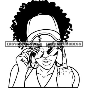 Ghetto Gangster Woman Middle Finger Baseball Hat Glasses Street Girl Curly Hair Latina Melanin Nubian SVG PNG JPG Vector Designs Cut Files