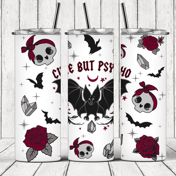 Cute but Psycho 20 oz tumbler with straw 4 in 1 can cooler, drink koozie, beer koozie, gift for her, great for the lake/boat, bats tumbler