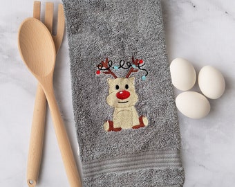Cute Reindeer Towel, Holiday Hand Towel, Christmas Gift, Embroidered Kitchen Towel, Winter Fingertip Towel, Christmas Kitchen, Reindeer