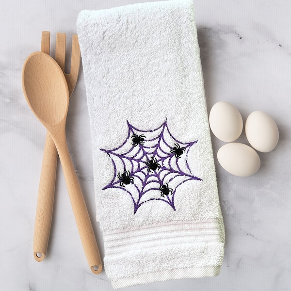 Embroidered Halloween Kitchen Towels, Spider Web Hand Towel, Halloween Dish Tea Towels