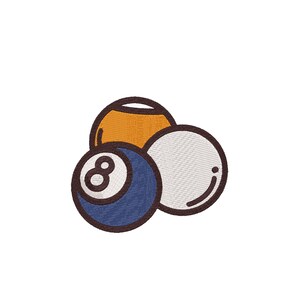 Op de afbeelding: Drie biljartballen, één oranje, één wit en één blauw met het nummer acht erop.