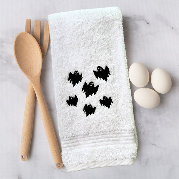 Embroidered Halloween Kitchen Towels, Ghost Hand Towel, Halloween Dish Tea Towels