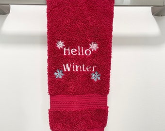 Hello Winter Hand Towel, Christmas presents, Christmas Towel, Embroidered Kitchen Towel, Winter Bathroom Towel, Turkish Cotton Towel