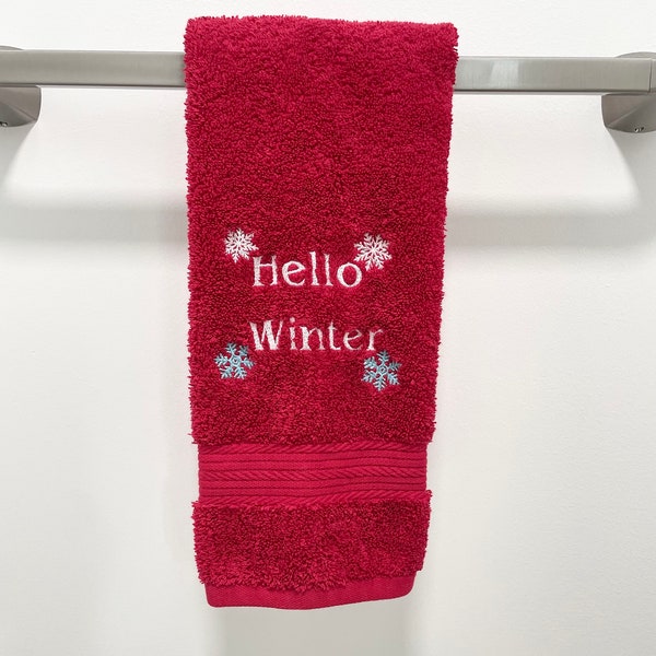 Hello Winter Hand Towel, Christmas presents, Christmas Towel, Embroidered Kitchen Towel, Winter Bathroom Towel, Turkish Cotton Towel