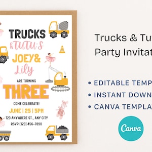 Trucks & Tutus Birthday Invitation – Editable Template for Twins or Siblings | Canva Template | Instant Download