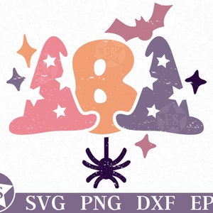 May include: A digital graphic design featuring the number 8 in a soft orange hue, flanked by two witch hats in pink and purple with white star cutouts. A purple spider hangs below, with a bat and four-pointed stars surrounding the central number.