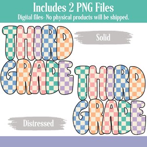 May include: Two digital clip art images of the words "Third Grade" in a checkered pattern. One image is distressed and the other is solid.