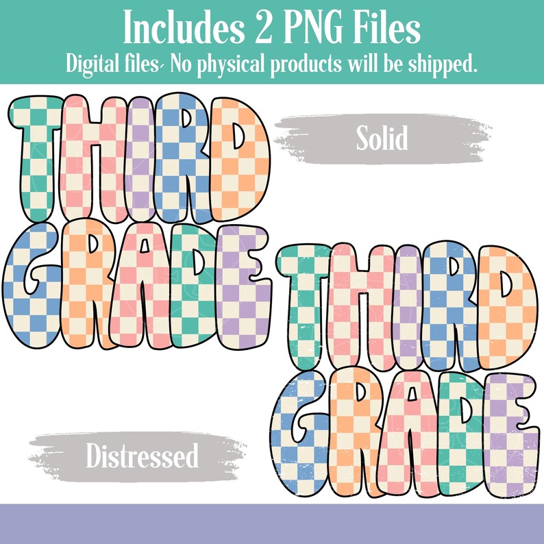 May include: Two digital clip art images of the words "Third Grade" in a checkered pattern. One image is distressed and the other is solid.