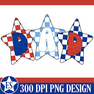 May include: Red, white, and blue stars with the word "DAD" spelled out in the center. The stars have a checkered pattern.