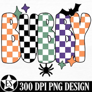 May include: A colorful Halloween-themed design with the word "BOO-BY" in large, block letters. The letters are checkered in orange, black, green, and purple. A black spider, bat, and star accents complete the design.