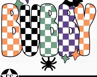 Può includere: Un design a tema Halloween con la parola "BOO-BY" in grandi lettere a blocchi. Le lettere sono a scacchi in arancione, nero, verde e viola. Un ragno nero, un pipistrello e accenti di stelle completano il design.