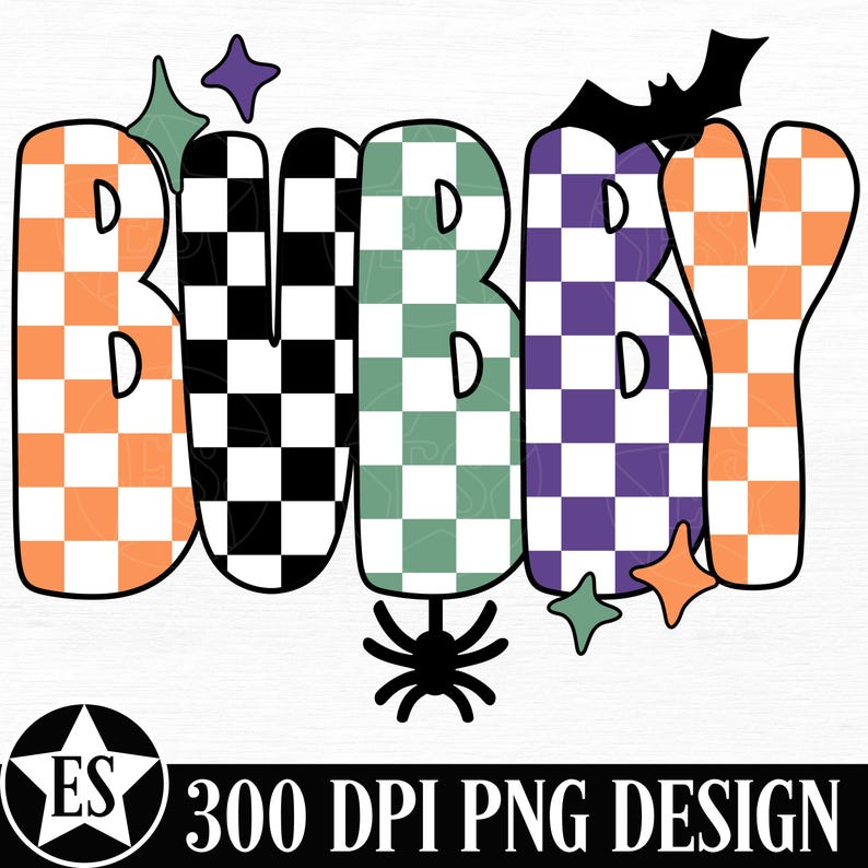 May include: A colorful Halloween-themed design with the word "BOO-BY" in large, block letters. The letters are checkered in orange, black, green, and purple. A black spider, bat, and star accents complete the design.
