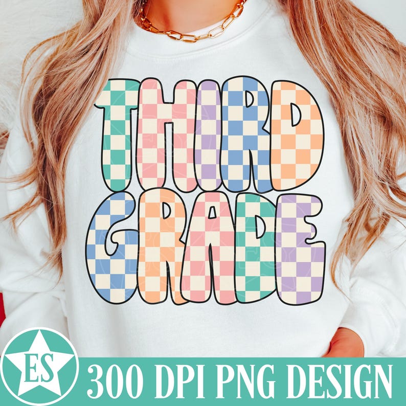 May include: A white t-shirt with the text "Third Grade" in colorful checkered letters. The letters are in a retro style font.