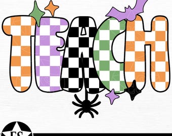 May include: The word TEACH in a bold, rounded font with a chequered pattern in orange, light purple, black, and green. The design features a purple bat, a black spider hanging from the letter A, and small star shapes in green, orange, and purple.