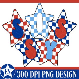 May include: Red, white, and blue stars with the letters "SOY" in a checkered pattern. The stars are arranged in a semi-circle.