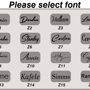 May include: A selection of 16 different font styles for customization. Each font is displayed with a name in a cursive or handwritten style, such as "Jaimin" and "Darden", and a corresponding code, like "Z1" and "Z2", on a gray background.