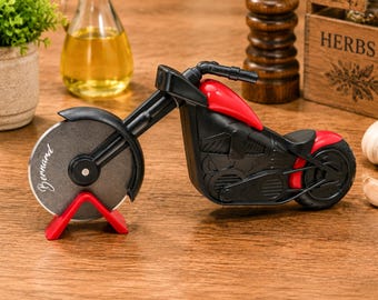 Personalized motorcycle pizza cutter, custom-engraved kitchen gift, metal pizza wheel, unique anniversary and wedding gift.