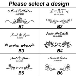 May include: A selection of wedding design options, each featuring names, dates, and decorative floral or ornamental elements. The text "Please select a design" is at the top. Designs are labeled B1 through B6.