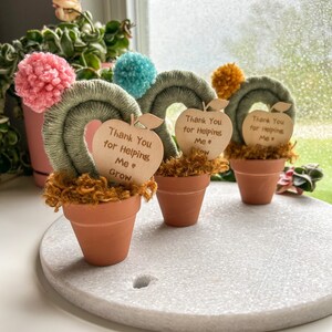 Pode incluir: Três pequenos vasos de terracota, cada um com uma planta decorativa com um arco de fio verde, uma etiqueta de madeira em forma de maçã e um pompom colorido. As etiquetas dizem "Thank You for Helping Me Grow."