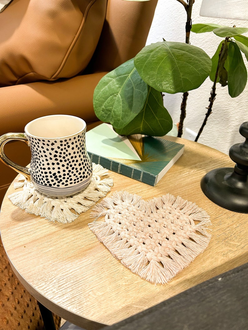 Macrame Heart Coaster Mug Rug Valentines Coaster Table Decor Table Coaster Holiday Coaster Heart Coaster Fringe Coaster image 2