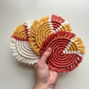 Chiefs Coasters | Sport Coasters | Kansas City | KC Coasters | Chiefs | Circle Coasters | Macrame Coasters | Yellow-Red-White Coasters |