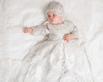 MILKY WHITE Christening dress for girl | Baby blessing dress | Baptism dress girl | Lace Christening gown girl | With Bonnet and shoes