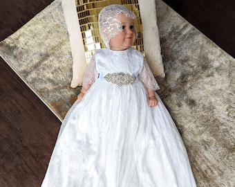Handmade Lace Christening Gown: Baby Baptism Dress with Bonnet