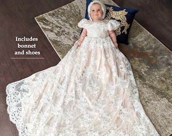 Lace Christening Gown: Champagne Underlay, Bonnet & Shoes