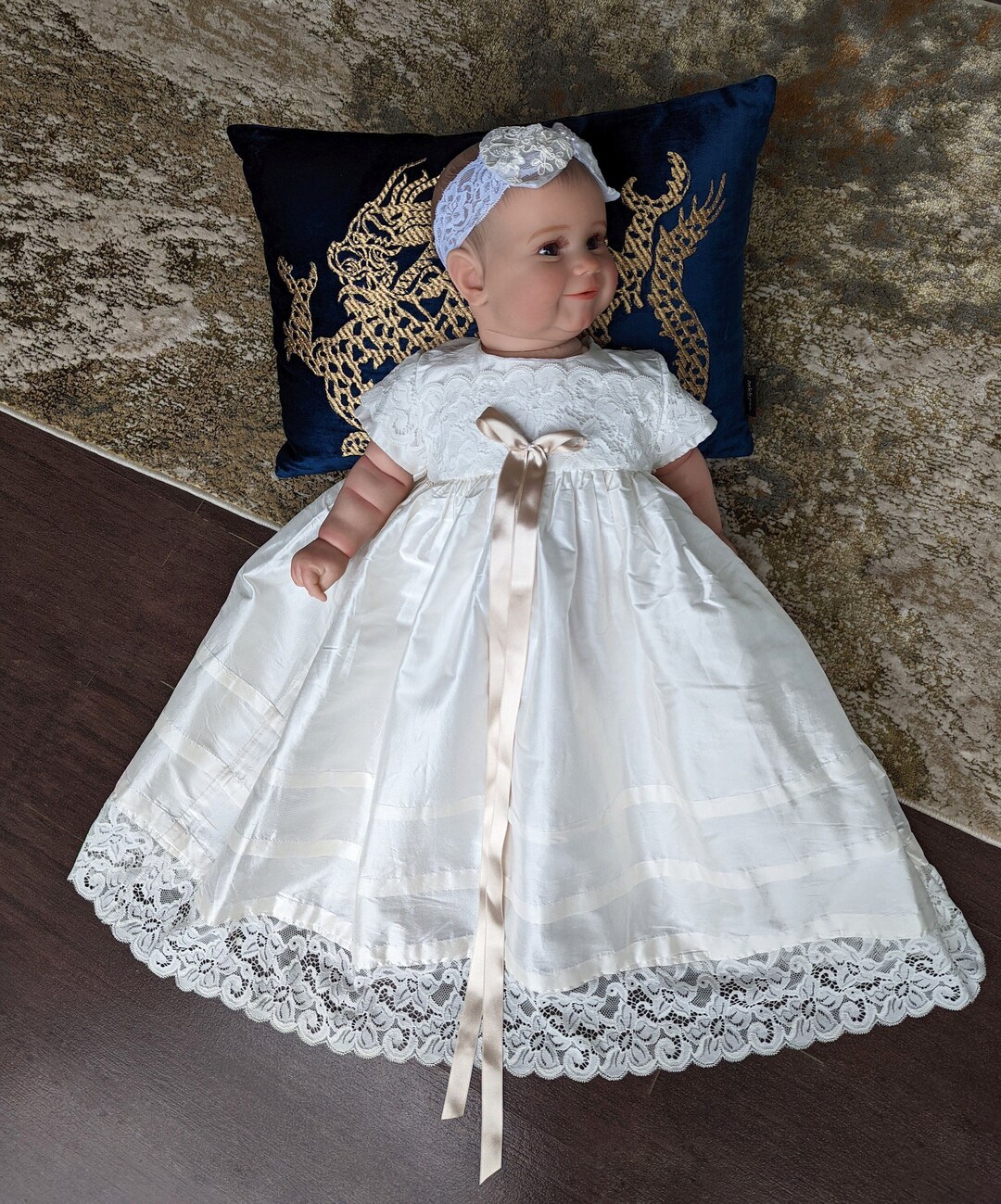 Lace Pink Satin Christening Gown main image 1