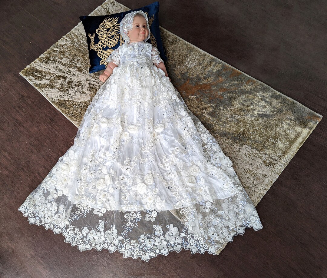 MILKY WHITE Baptism Gown for Baby Girl 3D Flowers Christening Gown