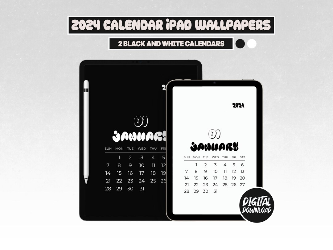 Black and White iPad Digital Calendar 2024 Wallpaper 2024 Etsy