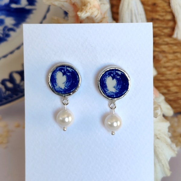 Button and cultured pearl earrings, recycled from broken dishes, "Adlib" style, using broken ceramic to create unique jewelry.