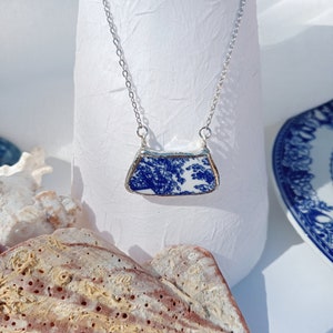 Pendant, unique, made with old broken plates, recycled, handmade in Spain, elegant Mediterranean blue style. Original gift.